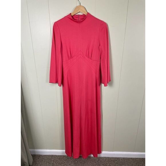 Vintage 1970s Mock Neck Bell Sleeve Coral Maxi Dress - Picture 5 of 14